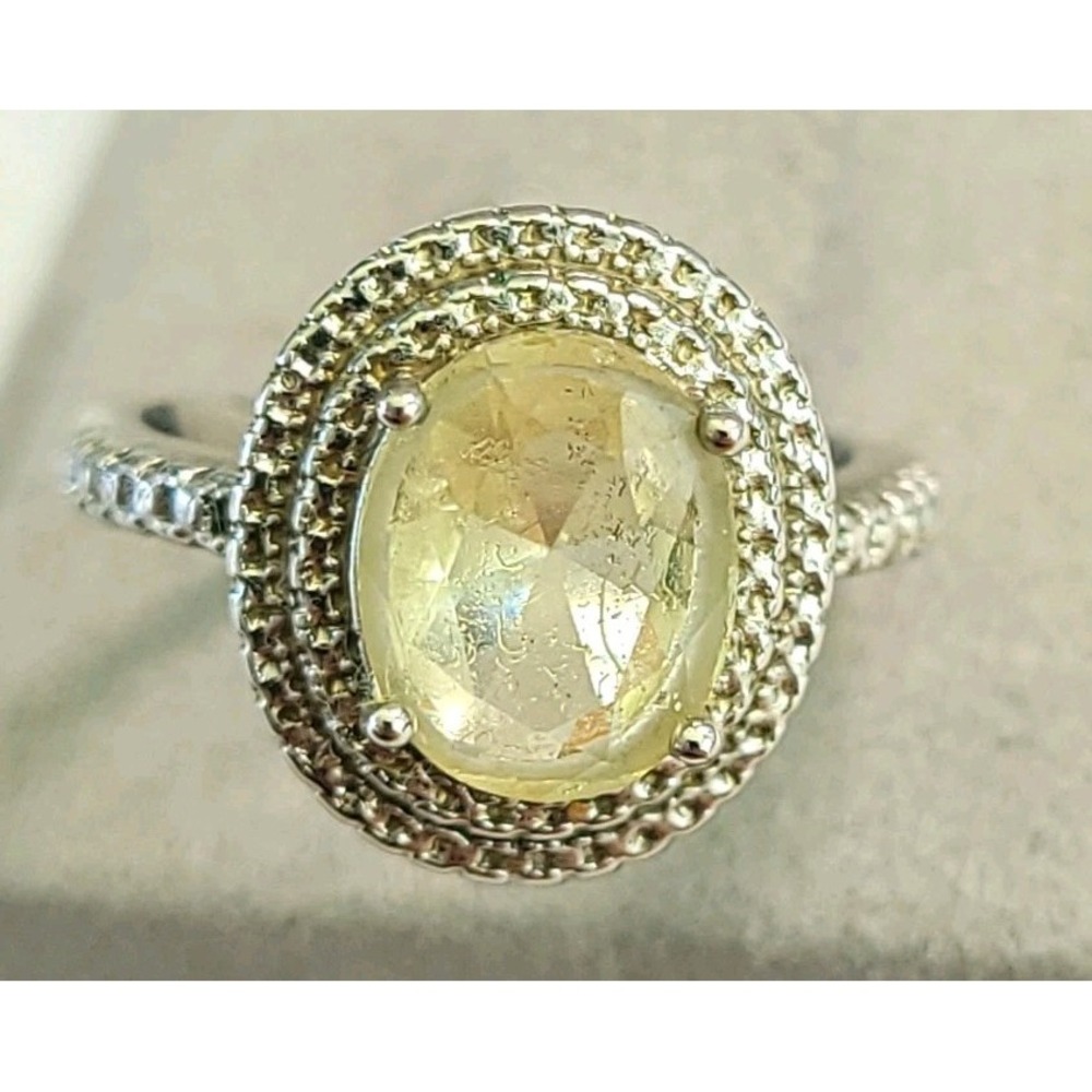 Size 6.75 Yellow Oval Crystal Silver Tone Double Halo Rhinestone Ring